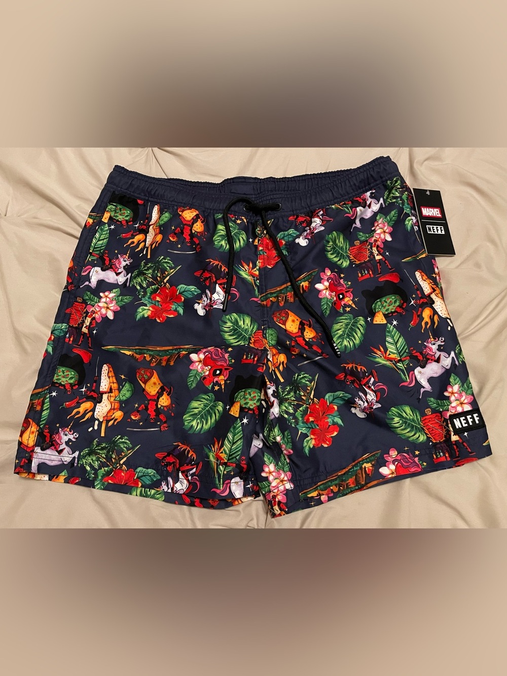 Marvel Collection By Neff Shorts Deadpool Unicorn Swim Trunks Mens Sz Large NEW